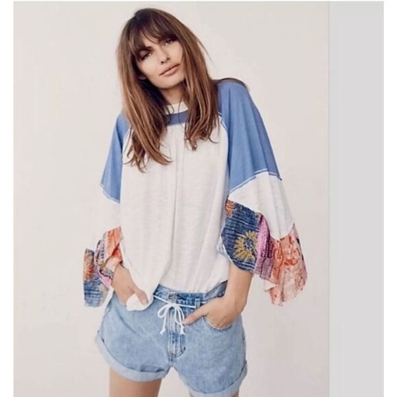 We The Free Free People Friday Fever Patch Work Detail Bell Sleeves Top size S - Picture 2 of 16